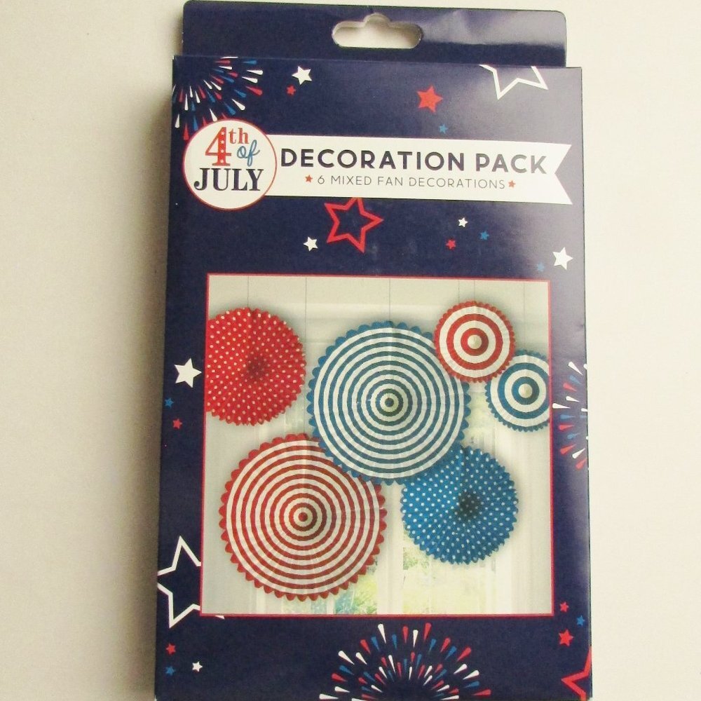 4th of July Mixed Paper Fan Reusable Decoration Pack 6 Total Pieces NEW